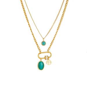 Double-layered gold stainless steel necklace with green stone and tree of life charms