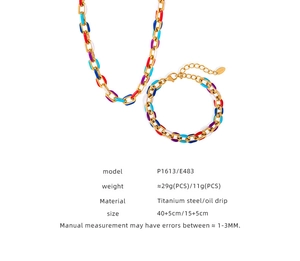 Detail view of colorful enamel link jewelry set with technical specs and sizing