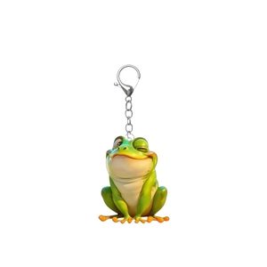 Detailed macro view of a 3D cute cartoon green frog acrylic keychain with metal lobster clasp