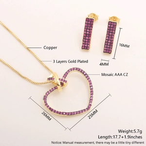 Detailed view of 18k gold plated heart pendant necklace and rectangular earrings set