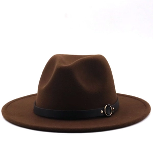 Detail of dark brown wool fedora hat with black leather band and gold metal ring detail