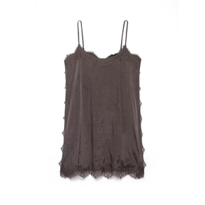 Women Satin Camisole Top With Eyelash Lace Trim Spaghetti Strap V Neck Sexy Slim Fit Coffee Brown
