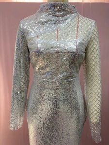 Detail of silver sequin dress showing mesh long sleeves and high neckline texture