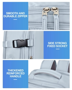 Detalles de las cremalleras, hebilla lateral y asa acolchada de la mochila de viaje