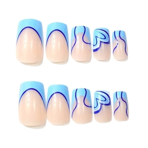 Short square press-on nails with blue French heart design and wavy lines set of 24