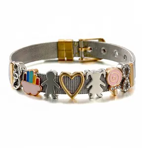 Two-tone stainless steel mesh bracelet with boy girl charms and enamel heart pendants