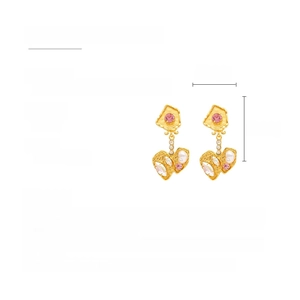 Detail view of irregular gold earrings with pink rhinestones and pearls dimensions 5.5x2.5cm