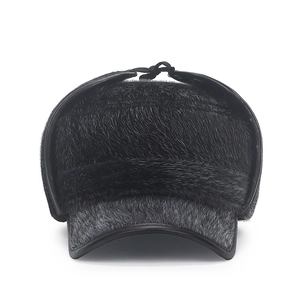Winter men's thermal trapper hat with thick faux fur and earflaps in dark grey