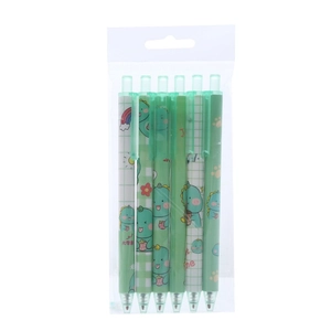 Set of 6 cute green dinosaur retractable gel pens in plastic pouch for students