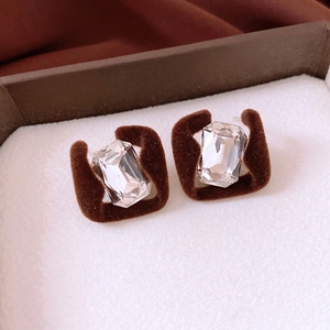 French retro square stud earrings with brown velvet frame and crystal gemstone