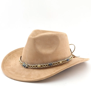 Behemian felt cowboy hat with turquoise bead band and suede texture in camel beige