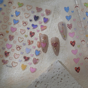 Pink leopard print and plaid heart nail art stickers with gold foil edges, model Co-538