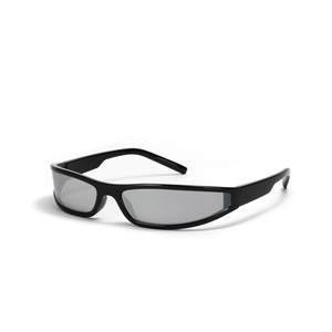 Y2K futuristic rectangular sunglasses with black frame and grey lenses for sports style