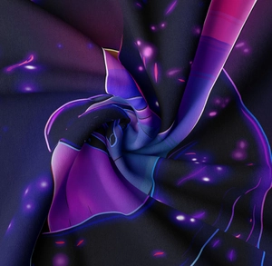Macro shot of high-density polyester fabric with neon cyberpunk digital print and fine weave