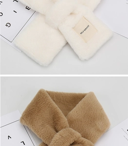 Detail view of the soft faux rabbit fur scarves showing cross-over design and texture