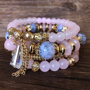 Bohemian multi-layer beaded bracelet set with pink crystals and gold tassels