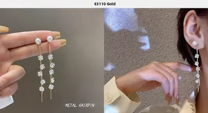 Detail of long tassel earrings with white flowers and pearls worn by a model