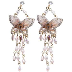 Sparkling crystal butterfly tassel drop earrings with silver pins for elegant women