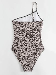 Sexy Einteiler-Badeanzug mit Leopardenmuster und One-Shoulder-Träger in Hellrosa