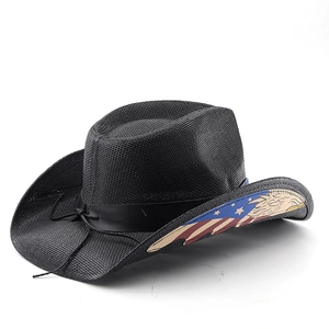 Detail of black woven cowboy hat featuring eagle and American flag side painted designs