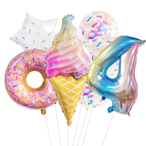 Colorful macaron ice cream and donut foil balloons set for 4th birthday party decoration