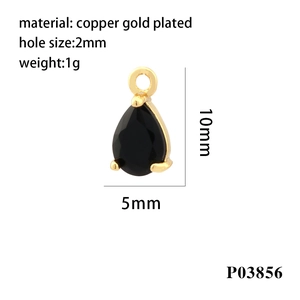 Detailed size and material guide for black pear-cut zircon pendant in gold plated copper
