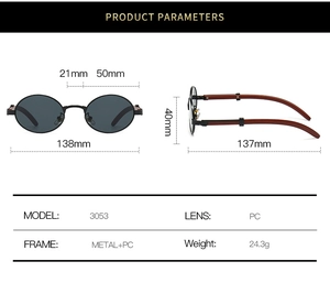 Detailed size specifications for vintage wood grain oval sunglasses with metal frame
