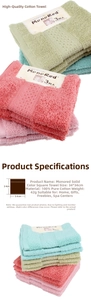Macro detail of 100% cotton square towels with size specs and soft textured weave
