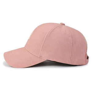 Pink cotton baseball cap with R-letter embroidery and adjustable strap side view