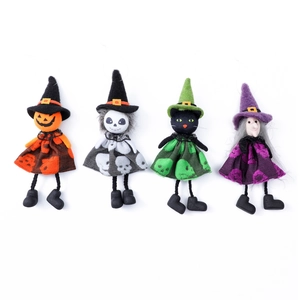 Set of 4 Halloween hanging dolls featuring pumpkin, skeleton, cat, and witch designs