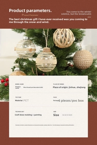 Close-up of clear PET Christmas balls with natural jute and wood elements in a PVC box
