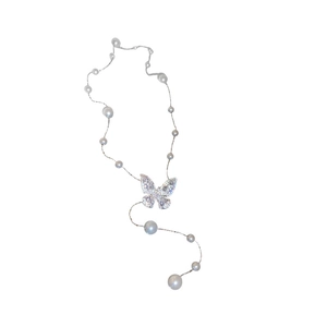 Elegant gold plated butterfly pendant necklace with pearls and sparkling zircons for women