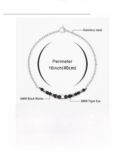 Detail of beaded tiger eye stone necklace with stainless steel OT clasp and size specs