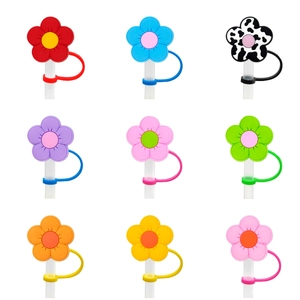 Set of 9 colorful floral silicone straw covers with dust caps for various straw sizes