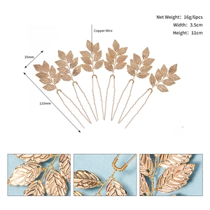 Detailed size chart for golden leaf bridal hair pins set of 6 made of copper wire
