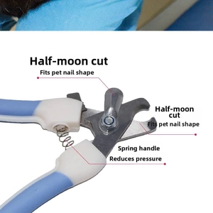 Detail of semi-lunar stainless steel blade and ergonomic spring-loaded handle for pet nails