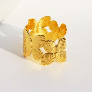 Exquisite gold-plated brass butterfly open wide cuff bracelet with hollow carving details