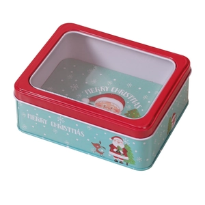 Christmas tin storage box with clear window and festive Merry Christmas design in red and green