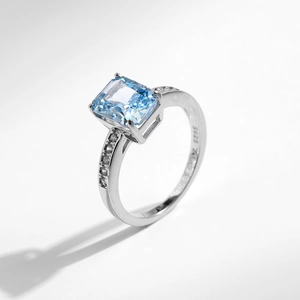 Square ice-blue zircon ring in S925 sterling silver with micro-pave side stones