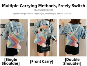 Three-way carry style detail showing rainbow sequin unicorn backpack for kids
