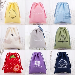 Collage of colorful drawstring cotton bags with custom logo printing and diverse patterns