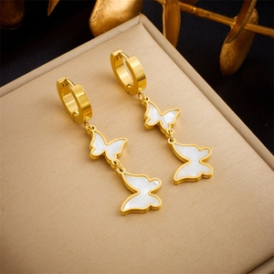 Butterfly Dangle Earrings Stainless Steel Gold Plated White Mother Of Artificial Pearl Long Drop Elegant Fashion Jewelry Women