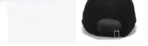 Detail of adjustable silver metal buckle on black cotton twill punk baseball cap