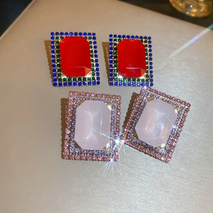 Vintage geometric square earrings with colorful artificial crystals and rhinestone frame