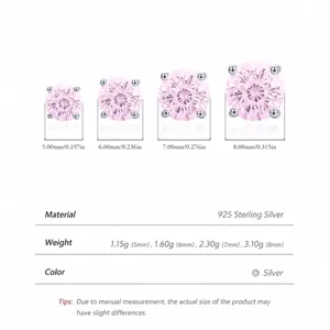 Size guide for S925 sterling silver stud earrings with pink firework-cut stones