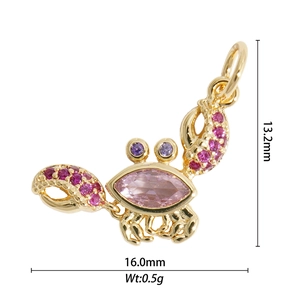 Detailed macro view showing the 16.0mm x 13.2mm gold crab pendant with pink stones