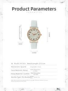 Detailed dimensions of the M1369 quartz watch with a mint green leather strap and rose gold case