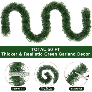 50ft green Christmas tinsel garland featuring 3.5 inch width and flexible cuttable design