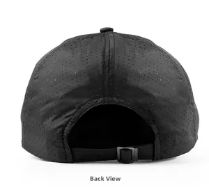 Detail of breathable mesh fabric and adjustable buckle on black outdoor sports cap