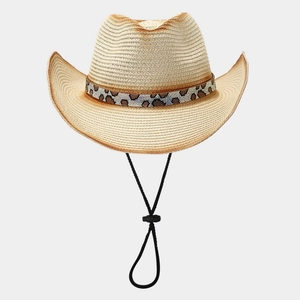 Straw cowboy sun hat with leopard pattern bead band and adjustable chin strap